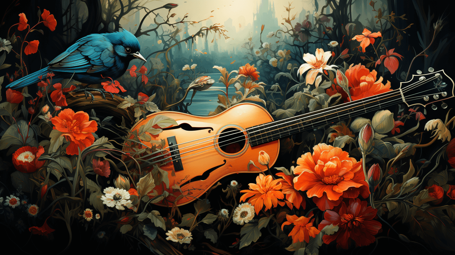 A-beautiful-painting-of-a-guitar-and-a-bird-surrounded-by-colorful-flowers